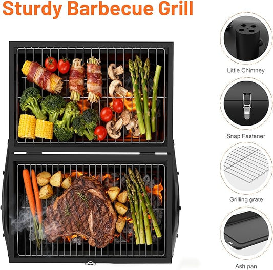 Portable Charcoal Grill with Warming Rack, Wooden Handle, Tabletop BBQ Grill for Outdoor Barbecue Camping Picnic Backyard Patio, Black