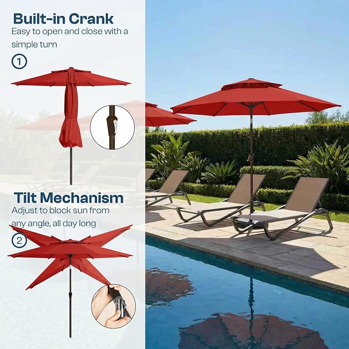 10FT Patio Umbrella, 2 Tier Outdoor Table Umbrella, Large Vented Market Umbrellas with Push Button Tilt and Crank, 8 Sturdy Ribs for Backyard, Deck, Pool, UPF50+ UV Protection