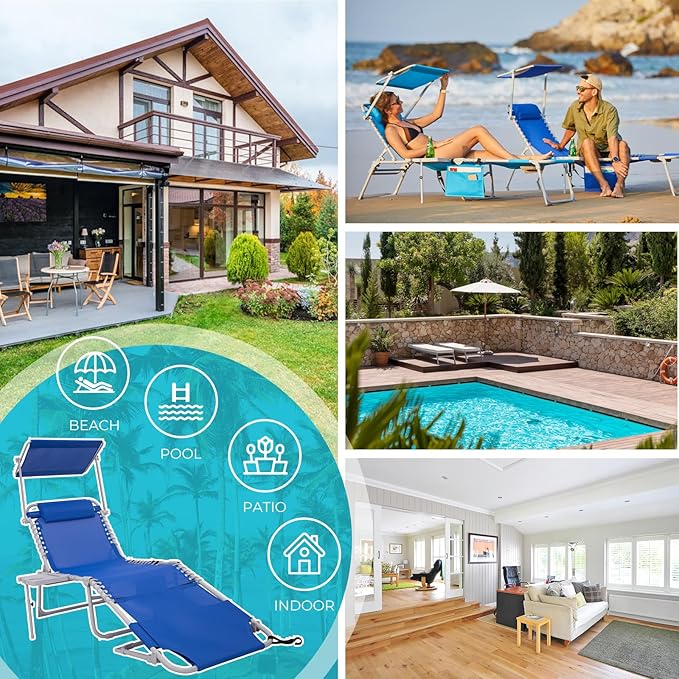 #WEJOY Tanning Chair with Face Hole & Canopy & Side Table, 5 Positions Adjustable Sunbathing Lounge Chair Facedown Chaise Lounge with Pillow Quick Dry for Beach Pool Outdoor Camping Patio,Darkblue