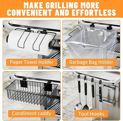 Organizer Kit for Weber Grills Includes Paper Towel Holder Garbage Bag Holder Condiment Caddy and Four Tool Hooks, Grill Accessories for Weber Side Rail