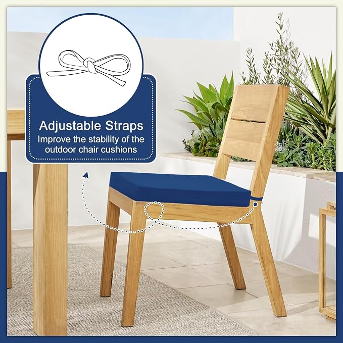 Cozyide Outdoor Chair Cushions, Waterproof Patio Seat Cushions with Adjustable Straps, Square Corner Patio Chair Cushions for Garden, Royal Blue, 18.5x16x3 Inch (Pack of 4)