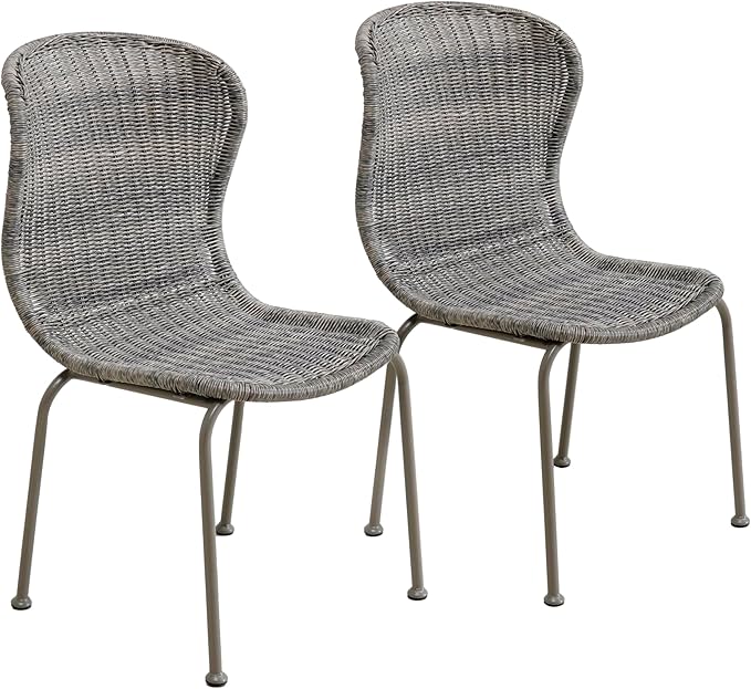 Christopher Knight Home Kixi Set of 2 Dining Chairs, Faux Rattan Outdoor Accent Seating with Iron Frame, Armless Design for Patio, Poolside/Garden, Grey