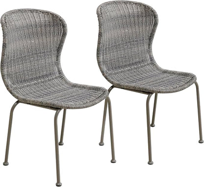 Christopher Knight Home Kixi Set of 2 Dining Chairs, Faux Rattan Outdoor Accent Seating with Iron Frame, Armless Design for Patio, Poolside/Garden, Grey