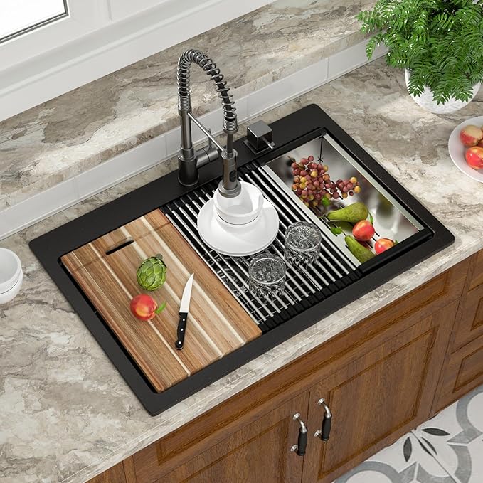 Mocoloo 33 Inch Drop in Workstation Kitchen Sink, 33x22 Matte Black Granite Composite Quartz Single Bowl Topmount Ledge Sink Above Counter