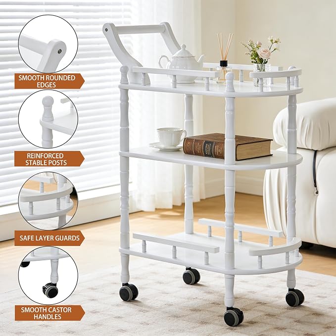 Entertainment Kitchen Cart, Midcentury Modern Imported rubberwood White Finished Wood 3-Tier Mobile Bar Cart Serving Cart