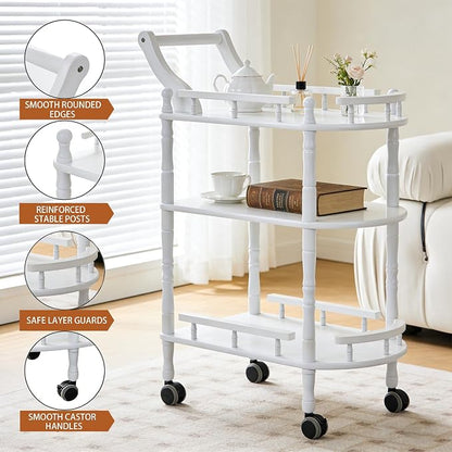 Entertainment Kitchen Cart, Midcentury Modern Imported rubberwood White Finished Wood 3-Tier Mobile Bar Cart Serving Cart