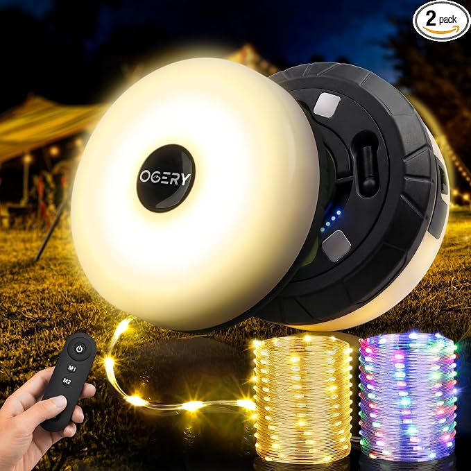 2-Pack Camping String Lights with Rmote, 4 in 1 Quick Storage 32.8FT | Rechargeable Fairy Tent Lights String 8 Modes, Portable Lantern LED Lamp for Outdoor Indoor Patio Yard Camping Essentials