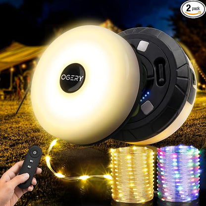 2-Pack Camping String Lights with Rmote, 4 in 1 Quick Storage 32.8FT | Rechargeable Fairy Tent Lights String 8 Modes, Portable Lantern LED Lamp for Outdoor Indoor Patio Yard Camping Essentials