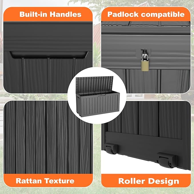 PatioZen 75 Gallon Large Deck Box,Resin Outdoor Storage Box with Lockable for Patio Furniture, Pool Accessories, Garden Tools Waterproof Outside Storage Box, Black