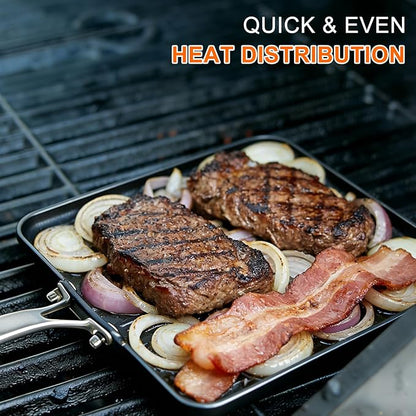 11 Inch Square Cast Iron Grill Pan, Pre‑Seasoned Ridged Skillet with Stainless Steel Handle, Even Heating Griddle for Burger Steak, Indoor Outdoor Stovetop BBQ Compatible