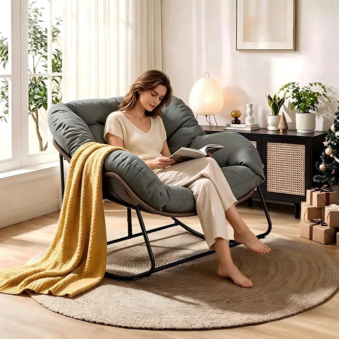 Bifanuo Oversized Egg Rocking Chair for Indoor Outdoor – All-Weather Wicker Rattan Lounge Chair with Cushion Patio Rocker for Porch Garden or Balcony (Grey)