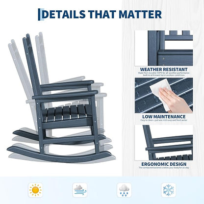 Garvee HDPE Rocking Chair Outdoor Set of 4 with 2 Side Table - Poly High Back Porch Rocker Chairs for Adults - All Weather Resistant Furniture for Patio Front Porch - Navy Blue
