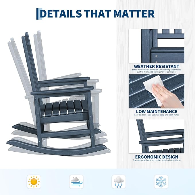 Garvee HDPE Rocking Chair Outdoor Set of 2 with Side Table - Poly High Back Porch Rocker Chairs for Adults - All Weather Resistant Furniture for Patio Front Porch - Navy Blue