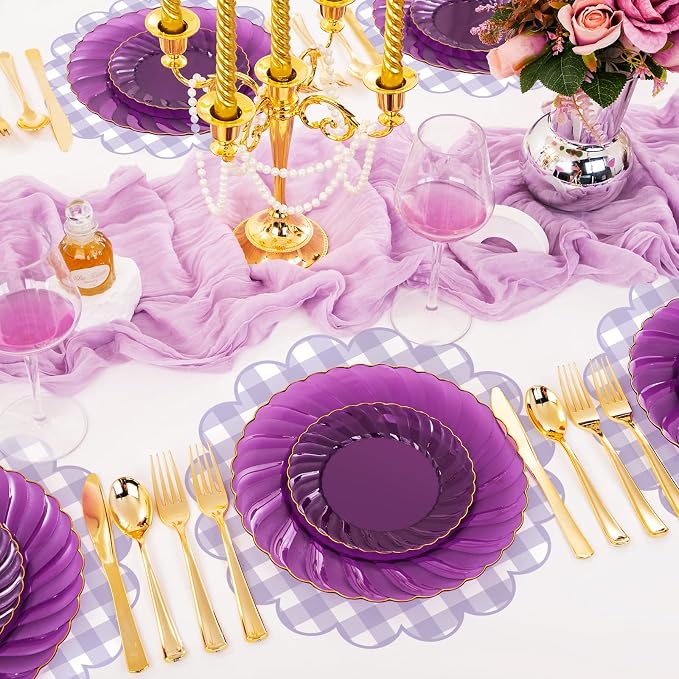 100 Pcs Checkered Paper Placemats Purple Gingham Place Mats 13.5 Inch Disposable Round Decorative Dining Table Mat with Scalloped Edge Paper Cutouts Decor for Wedding Baby Shower Party Supplies