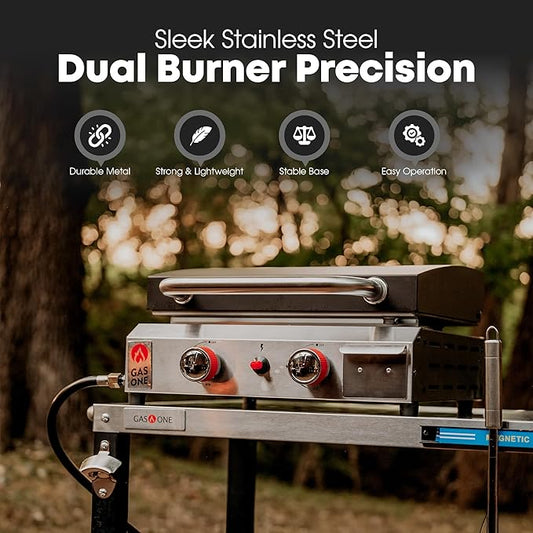 GasOne Flat Top Gas Grill with Lid – Auto Ignition Propane – Premium Stainless Steel Body Tabletop with Pre Season Griddle – Oil Drip Tray – for RV, Camping