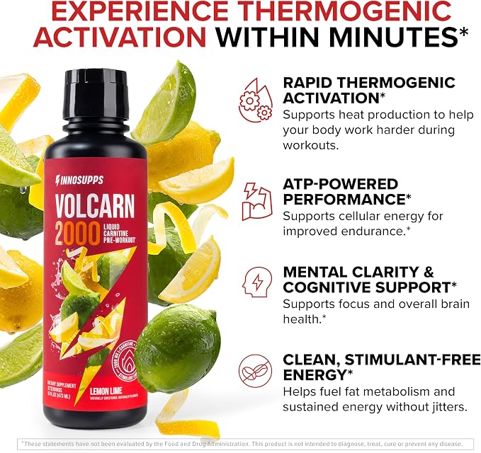 Volcarn 2000 L-Carnitine Liquid Energy, Lemon Lime, 32 Servings | Energy booster and ATP supplement with GBEEC; Enhances focus; Caffeine-free, no artificial sweeteners