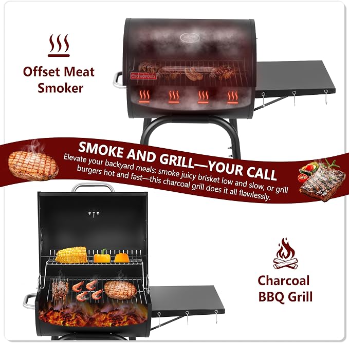 Barrel Charcoal Grill, 388 Sq. In. Outdoor BBQ Grill | 4-level adjustable charcoal pan, thermometer, warming rack, side shelf with hooks, wheels and bottom storage rack