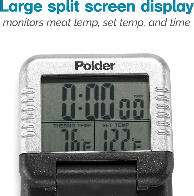 Polder Classic Digital Thermometer and Timer, Meat Thermometer for Cooking, Stainless Steel Probe, 24-Hour Countdown Timer with 40" Long, High-Heat Silicone Cord