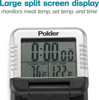 Polder Classic Digital Thermometer and Timer, Meat Thermometer for Cooking, Stainless Steel Probe, 24-Hour Countdown Timer with 40" Long, High-Heat Silicone Cord