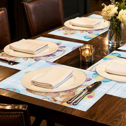 Nuxovilar Tablerunner and Placemats Set of 7 Easter-Themed with Bunny & Egg Patterns Linen Square Placemats for Dining Dining Sets and Accessories Kitchen, Table, Easter Gatherings