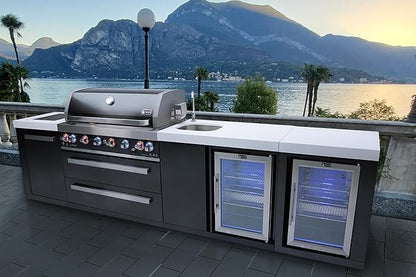Mont Alpi Premium 132"W x 23"D Black Stainless Steel Modular Outdoor Kitchen Island + 2 Refrigerators + Beverage Center Faucet & Sink + 44"W 6-Burner BBQ Grill + Granite Countertops + Storage + Cover