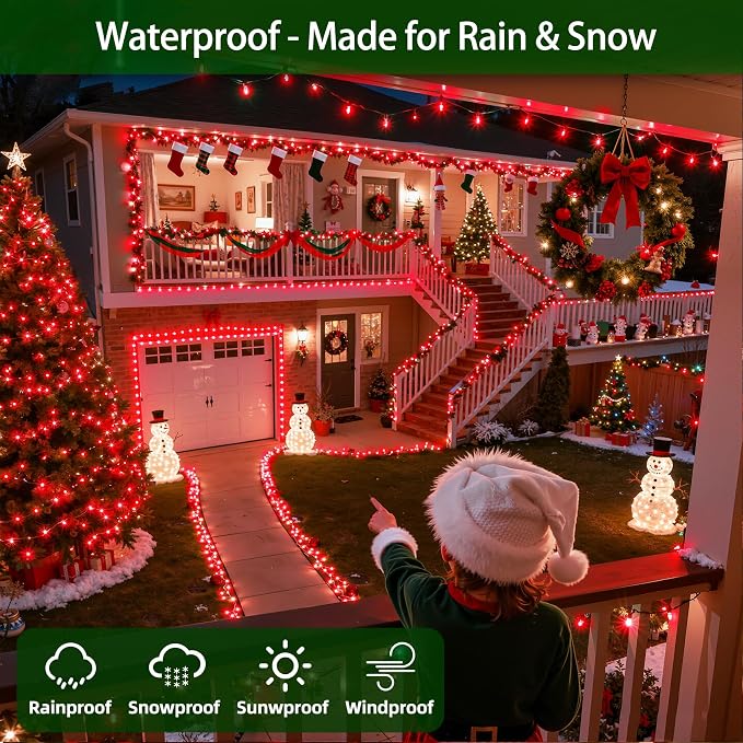QUHUATU 1500 LED 470FT Christmas Lights,12 Modes LED String Lights, Red | Weather-resistant Plug-in Tree Lights with Timer, Memory and Dimming for House, Fences, Patios, Holiday Decor