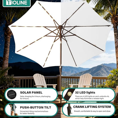 9FT Solar-Powered LED Patio Umbrella with Tilt Crank,Outdoor Market Umbrella with 32 Lights,Sunshade for Deck, Garden and Pool