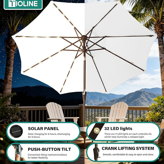 9FT Solar-Powered LED Patio Umbrella with Tilt Crank,Outdoor Market Umbrella with 32 Lights,Sunshade for Deck, Garden and Pool