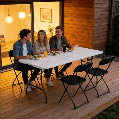 Folding Table 6FT Heavy Duty Plastic Table with Handle, Foldable&Portable, Fold-in-Half Utility Tables for Outdoor, Dining, Wedding, Events, Indoor, Picnic, Camping, Party, White