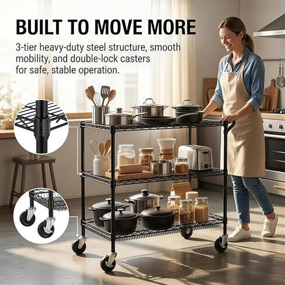 Finnhomy 3 Tier Heavy Duty Commercial Grade Utility Cart, Wire Rolling Cart with Handle Bar, Steel Service Cart with Wheels, Kitchen Carts on Wheels, Metal Cart Shelf Size 24" D x 36" W, NSF, Black