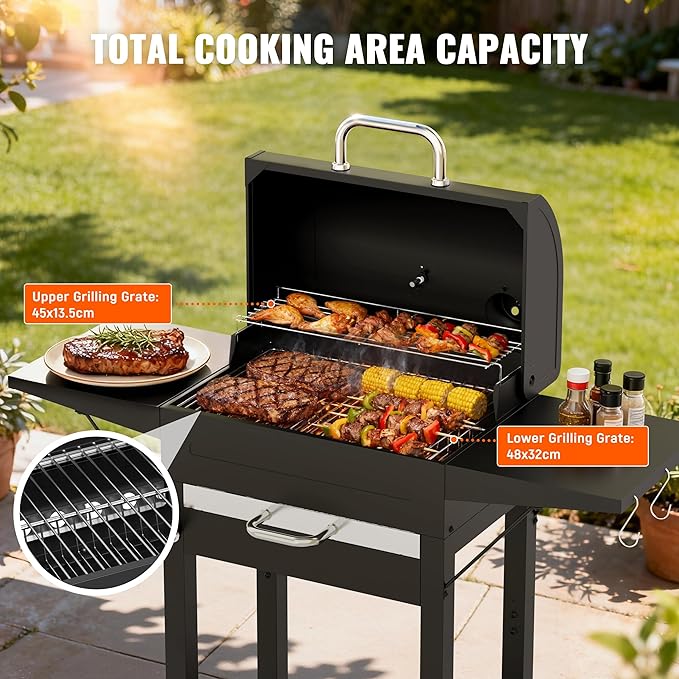 Charcoal Grills with Side Tables and Bottle Opener, 20'' Smoker Barbecue BBQ Grill with 2 Wheels for Backyard Patio Camping and Parties, Black