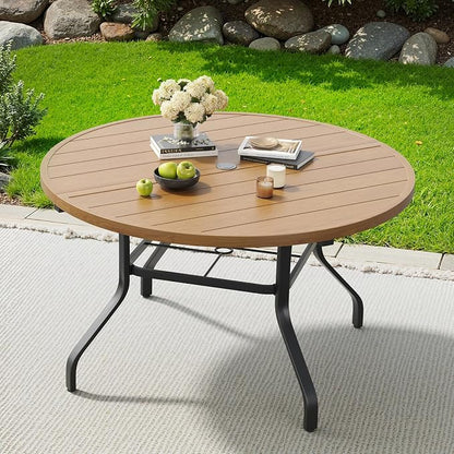 Round Outdoor Patio Dining Table, 47" Round Patio Table Wood-Like Grain with 1.57" Umbrella Hole, Metal Outdoor Dining Tables for Backyard and Poolside