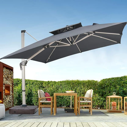 Cantilever Patio Umbrella with Cross Base and Cover Included - 360° Rotation Large Heavy Duty Offset Outdoor Umbrella with Easy Tilt for Pool Backyard Deck Garden (10x10 FT Grey)