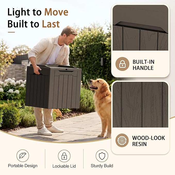 JUMMICO 31 Gallon Resin Deck Box Waterproof Indoor Outdoor Storage Boxes for Patio Furniture Cushions and Garden Tools (Brown)