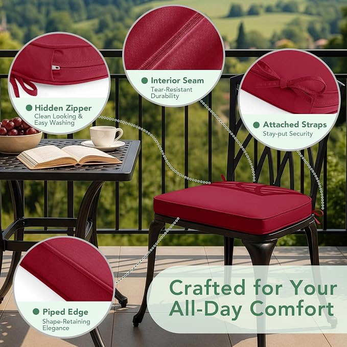 Outdoor Chair Cushions Set of 2: Waterproof & Fade Resistant Patio Furniture Cushions - 17 x 16 x 2 Inch Non Slip Round Corner Seat Cushion Pads with Removable Cover for Garden Yard Lawn, Burgundy
