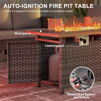 44" Fire Pit Table with Wind Guard for Outdoor, Auto-Ignition Propane Gas Firepits Rattan Rectangular Table for Outside Patio 60,000 BTU, Gray