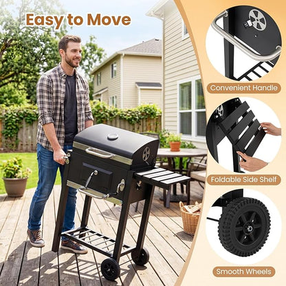 Giantex Charcoal Grill with Foldable Side Shelf, Outdoor BBQ Grill with Adjustable Charcoal Tray, Thermometer, Shelves & Ash Tray, Portable Barbecue Griddle with Wheels for Backyard, Camping, Picnic