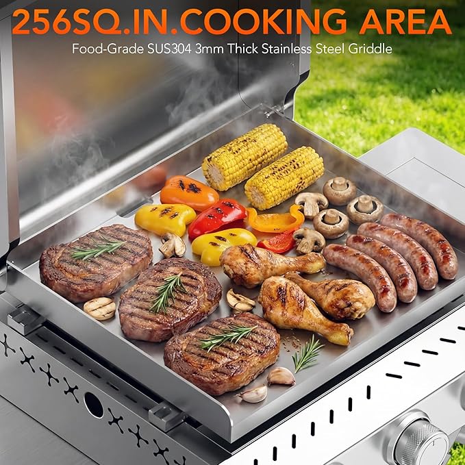 Heavy-Duty 3-Burner Propane Gas Griddle, Portable Griddle with Collapsible Stand, Full Stainless Steel Construction, 24,000 BTU Flat Top Gas Grill Griddle for Camping, Tailgating, Backyard & Patio