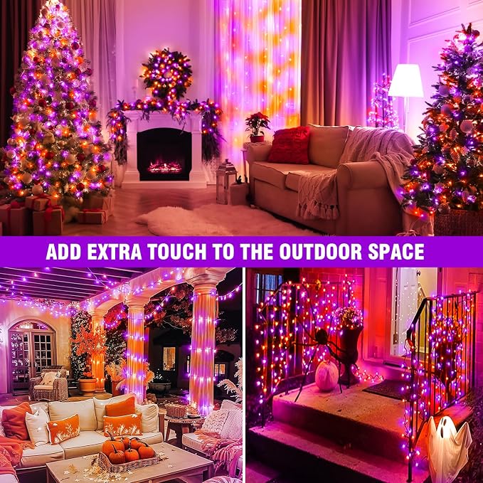 100FT Purple and Orange Halloween String Lights | Clear Wire LED Mini Lights, 8 Modes, Timer, Plug-in Indoor Outdoor Decor for Tree, Porch, Fence, Yard and Fall