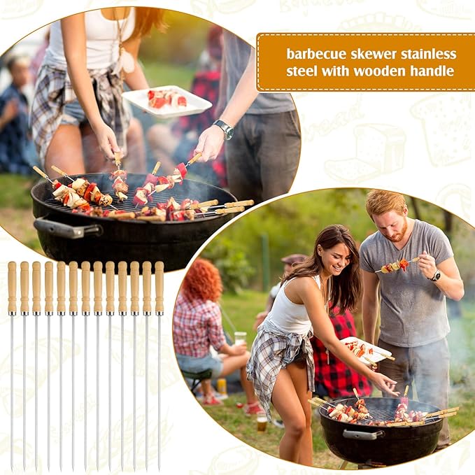 Minatee 16 Inch Kabob Skewer with Wood Handle for BBQ Camping Cookware Campfire Grill Cooking, Stainless Steel, Metal Skewers for Kabobs with Wood Handle (100 Pcs)