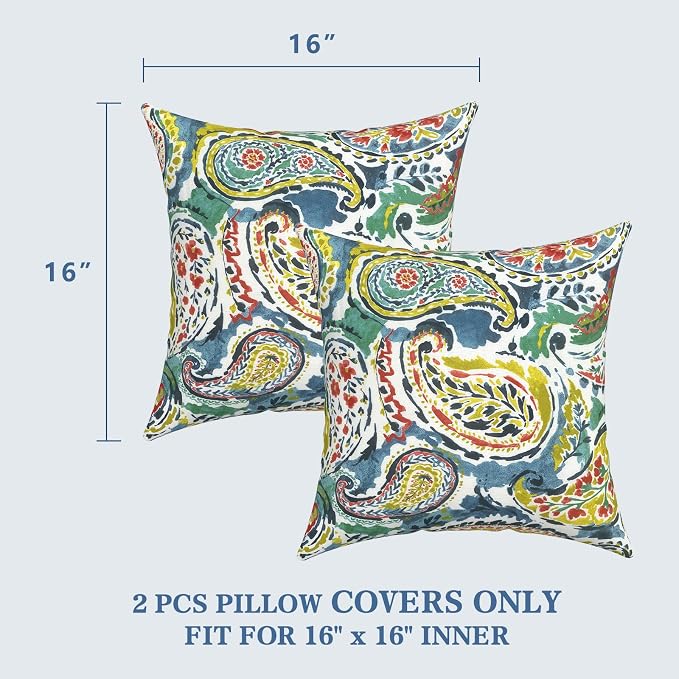 LVTXIII 2 Pack Outdoor Throw Pillow Covers for Patio Furniture, 16x16 Inch Square Pillow Case, Water-Repellent Cushion Covers for Garden, Porch, Sofa, Paradise Paisley