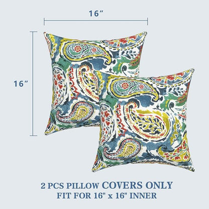 LVTXIII 2 Pack Outdoor Throw Pillow Covers for Patio Furniture, 16x16 Inch Square Pillow Case, Water-Repellent Cushion Covers for Garden, Porch, Sofa, Paradise Paisley