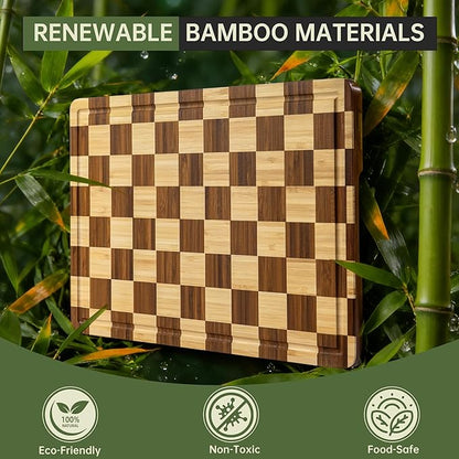 THETCHRY Bamboo Cutting Boards for Kitchen, Checkered Wooden Cutting Board with Juice Groove, Non Slip, Non Toxic Serving Tray, Thick Large Chopping Board Gift for Home Chef, 16.5” x 11.6” x 0.8”