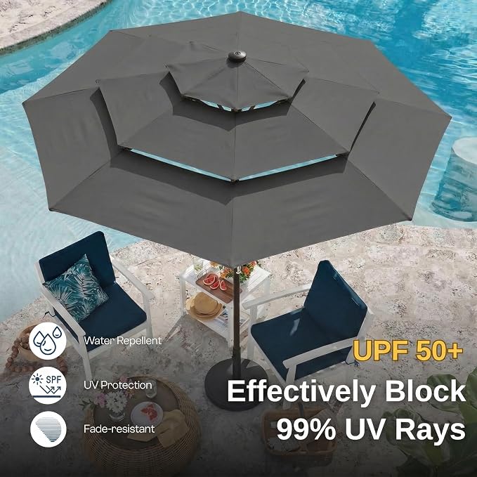 10ft 3 Tier Patio Umbrella, Outdoor Market Table Umbrella with UPF 50+ Vented Canopy, 8 Sturdy Ribs, Easy Push Button Tilt and Crank, Windproof for Deck, Pool, Backyard and Garden