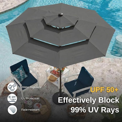 10ft 3 Tier Patio Umbrella, Outdoor Market Table Umbrella with UPF 50+ Vented Canopy, 8 Sturdy Ribs, Easy Push Button Tilt and Crank, Windproof for Deck, Pool, Backyard and Garden