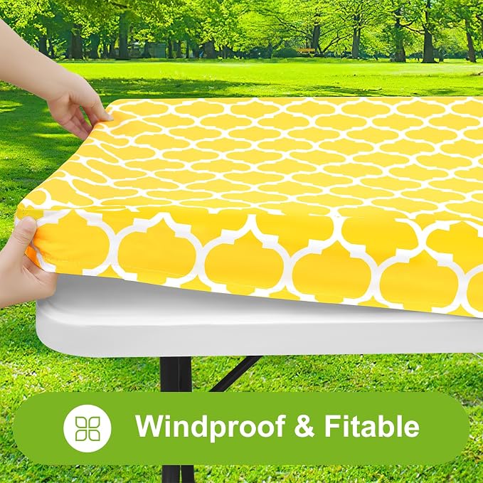 Smiry Picnic Fitted Table Cover, 8 Foot Flannel Backed Vinyl Tablecloth | Waterproof Elastic Stretch Table Cloth, Wipeable Plastic Tablecloth for Camping, Indoor & Outdoor (Yellow, 30" x 96")
