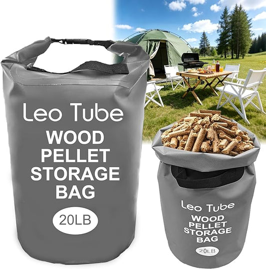 Heavy-Duty Wood Pellet Storage Bag, 20LB Waterproof Smoker Bag - 500D PVC Outdoor Storage Container with Buckle Seal, Label Pocket & Handles for BBQ, Grill, Pellet Smoker (Grey)
