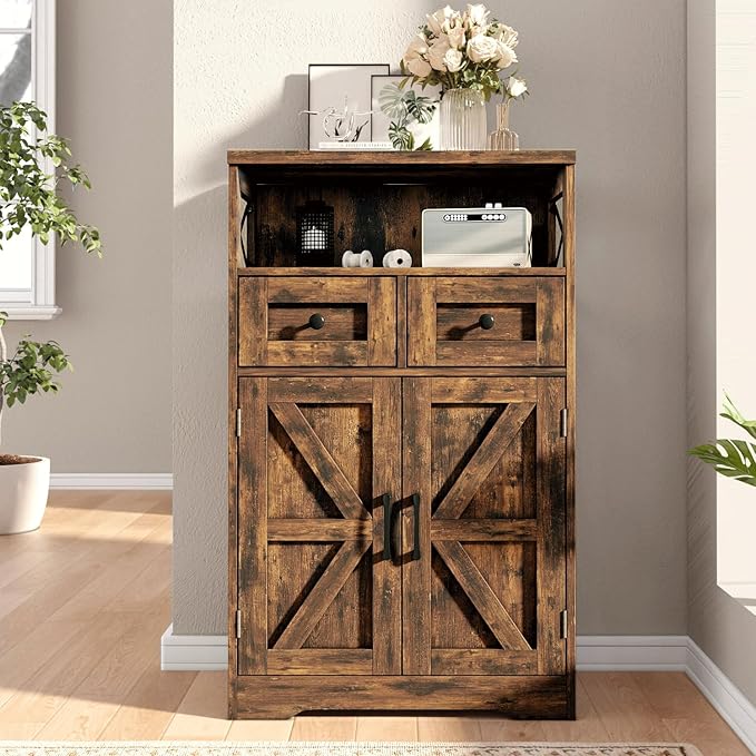Befrases Farmhouse Storage Cabinet with Drawers and Shelves, Kitchen Pantry Storage Cabinet, Floor Hutch Cupboard for Dining Living Room Home Office, Rustic Brown