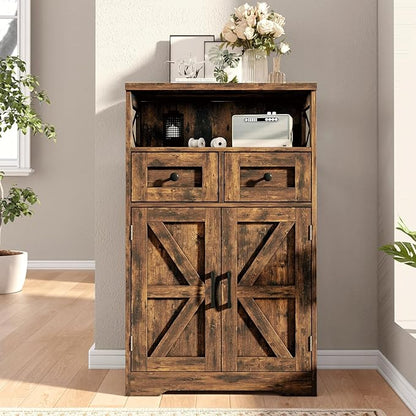 Befrases Farmhouse Storage Cabinet with Drawers and Shelves, Kitchen Pantry Storage Cabinet, Floor Hutch Cupboard for Dining Living Room Home Office, Rustic Brown