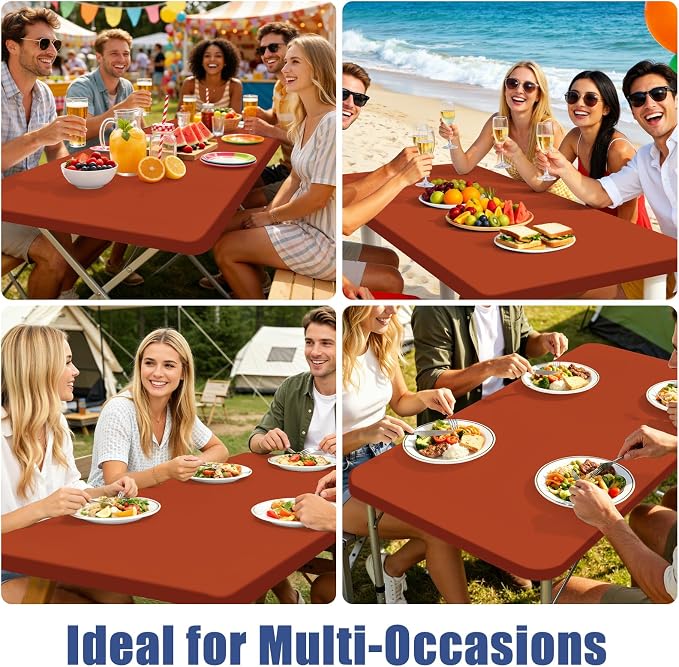 Moosfor 2 Pack Rectangle Spandex Fitted Table Cloth, 8FT Elastic Tablecloth | Washable Picnic Table Cover, Stretch Waterproof Table cloths for Party, Patio, Dining, Kitchen, 30" x 96", Rust